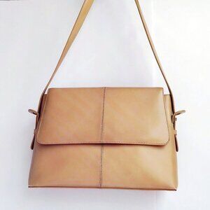 M London Tan Italian Leather Frame Flap Front Shoulder Bag * Artsy Strap Detail